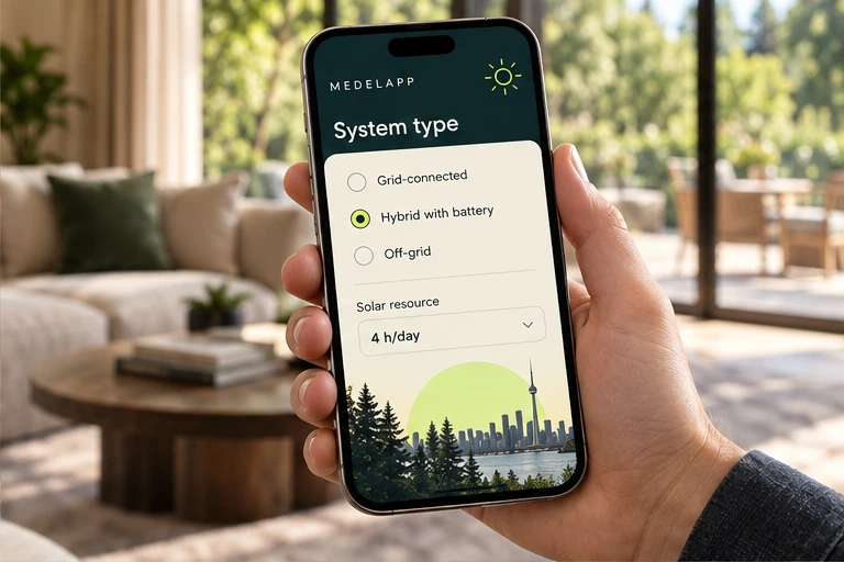 Hand holding a phone showing hybrid solar system settings in English