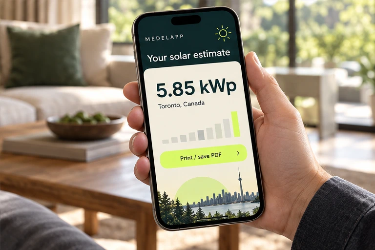 Hand holding a phone showing a solar estimate and save PDF action in English