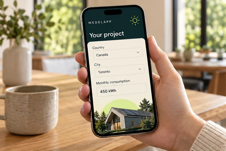 Hand holding a phone showing country, city and monthly energy use in English