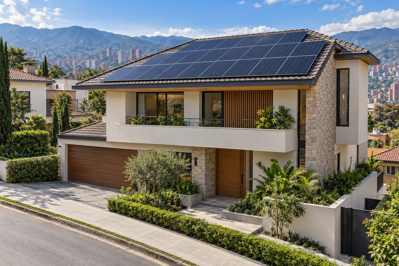 Illustration of a contemporary Colombian urban house with rooftop solar panels