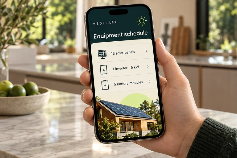 Hand holding a phone showing panel, inverter and battery requirements in English